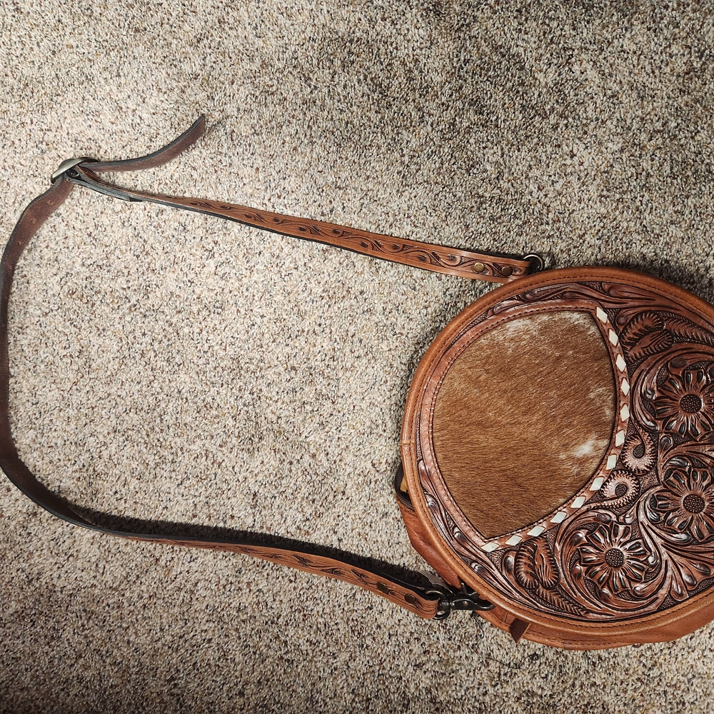 Brown Leather Floral Embossed Crossbody Bag